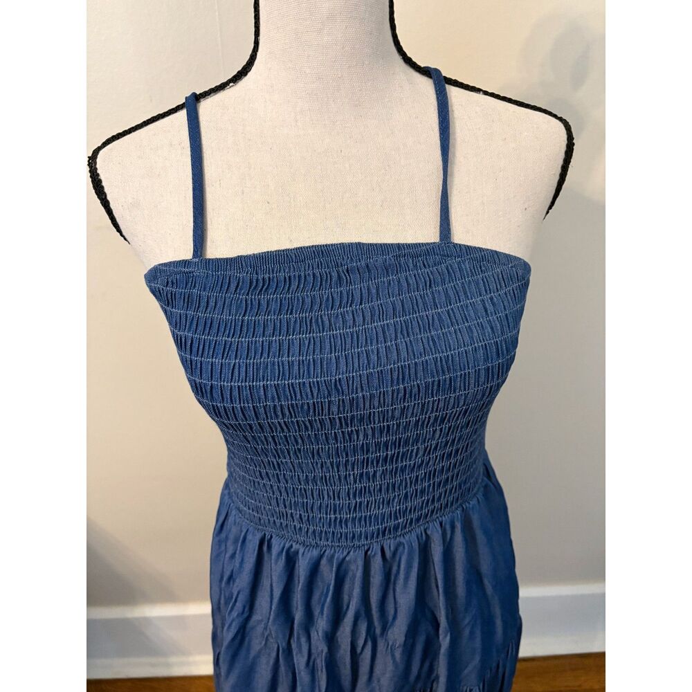 Blue Chambray Smocked Tiered Midi Sundress
